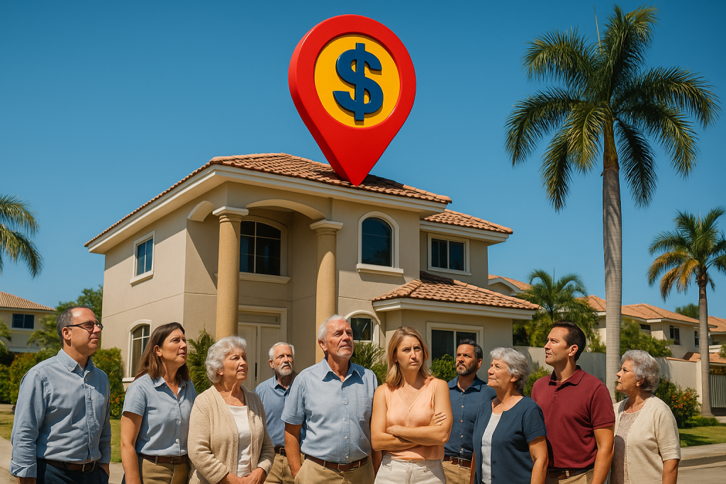 Grupo de personas frente a una casa con ícono de ubicación en forma de pin rojo y símbolo de dólar, representando propietarios de viviendas en Guayaquil y su necesidad de avalúo.