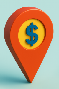 Ícono de pin naranja con signo de dólar azul, símbolo de cotización de avalúos