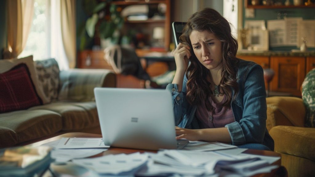 Mujer frustrada revisando documentos de avalúo frente a laptop, en su sala de estar