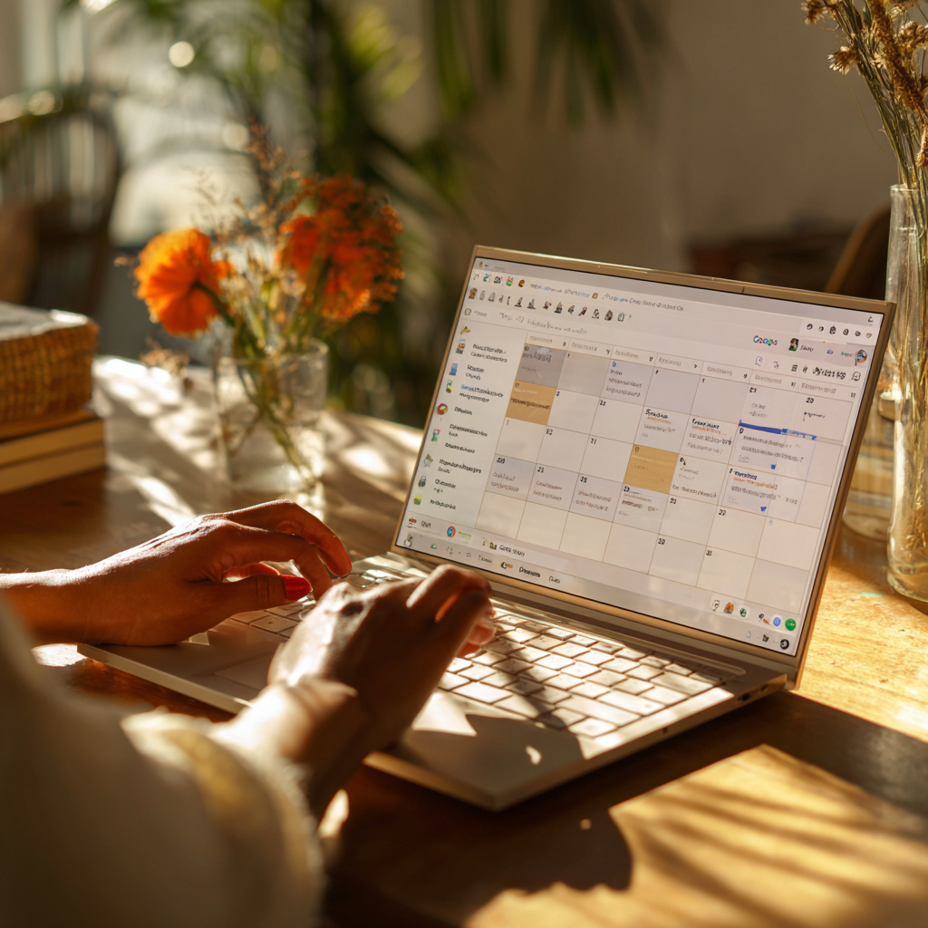 Manos femeninas digitando en laptop con Google Calendar abierto, mostrando agenda de trabajo y eventos marcados.