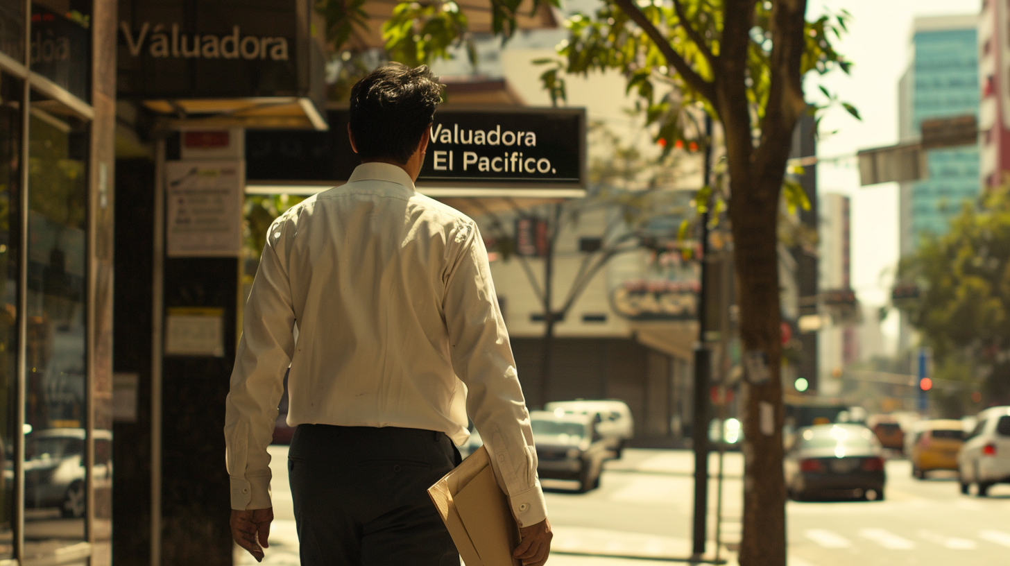 Hombre de clase media camina hacia el edificio de Valuadora El Pacífico en el centro de Guayaquil, con carpeta en mano, bajo sol intenso.