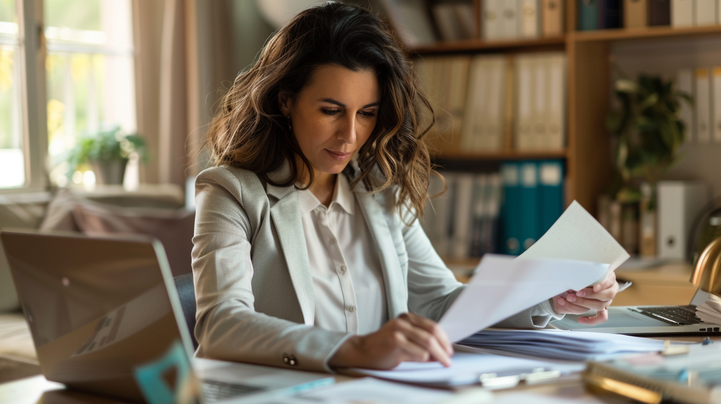 Mujer profesional revisando documentos sobre un escritorio con laptop abierta y carpetas organizadas.
