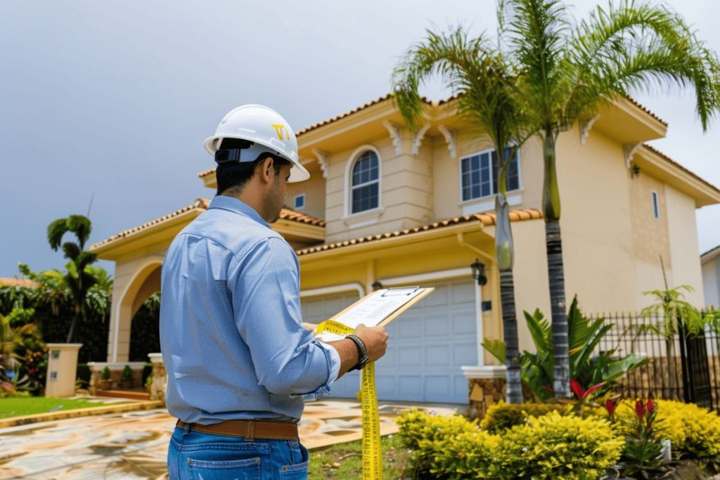 Ingeniero avaluador realizando inspección técnica con flexómetro y checklist frente a vivienda en Samborondón, Ecuador.
