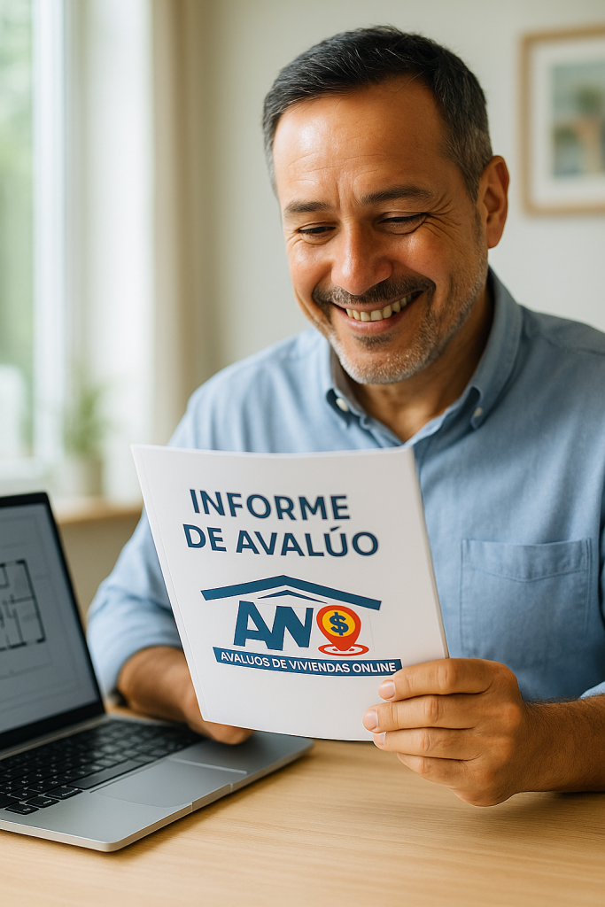 Hombre latinoamericano revisando su informe de avalúo digital con satisfacción