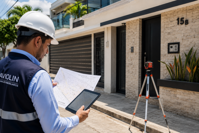 Inspector técnico realizando avalúo catastral de vivienda urbana en Guayaquil Ecuador